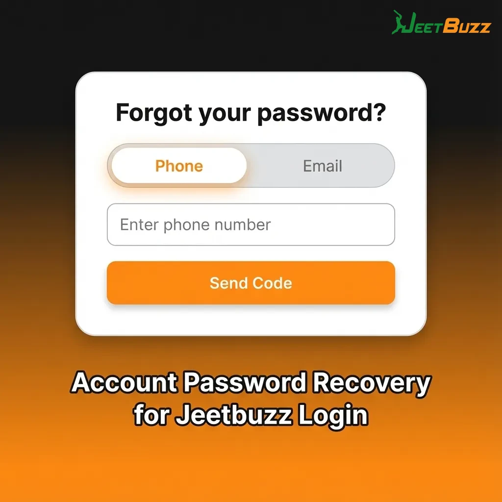 Illustration of Jeetbuzz password recovery steps with login form, OTP verification, and new password creation visuals