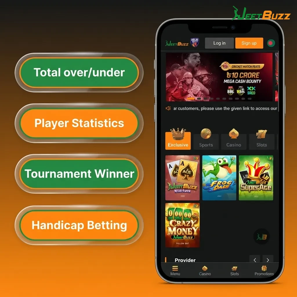 Illustration of Jeetbuzz iOS sportsbook showing single, accumulator, system, live in-play, and handicap bet options on a phone screen