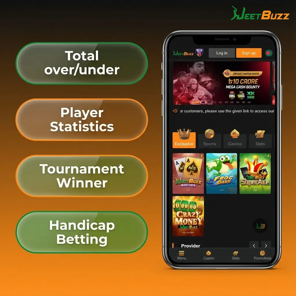 Illustration of Jeetbuzz app showing single, accumulator, combo, system, and live in‑play betting options on cricket matches