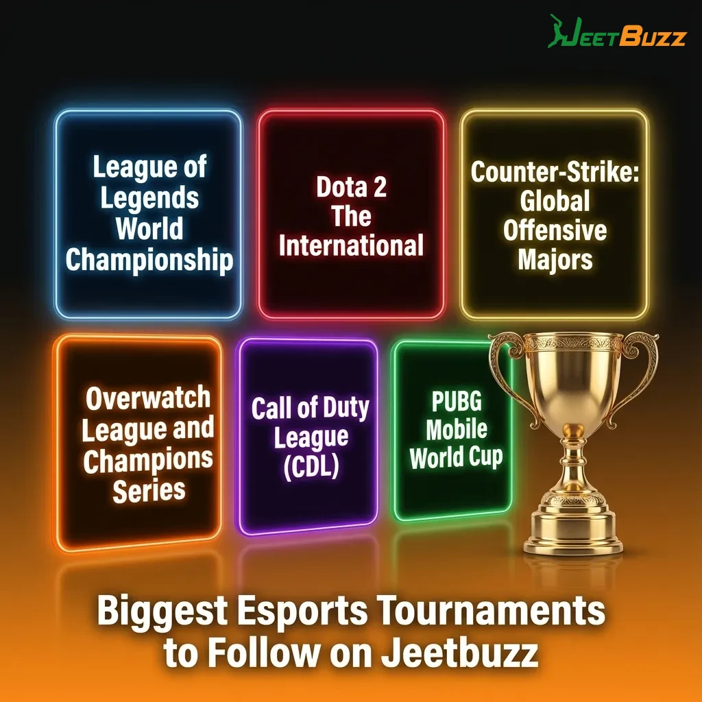 Graphic listing biggest esports tournaments by game for Jeetbuzz betting, including Dota 2, CS2, LoL, Valorant, and more