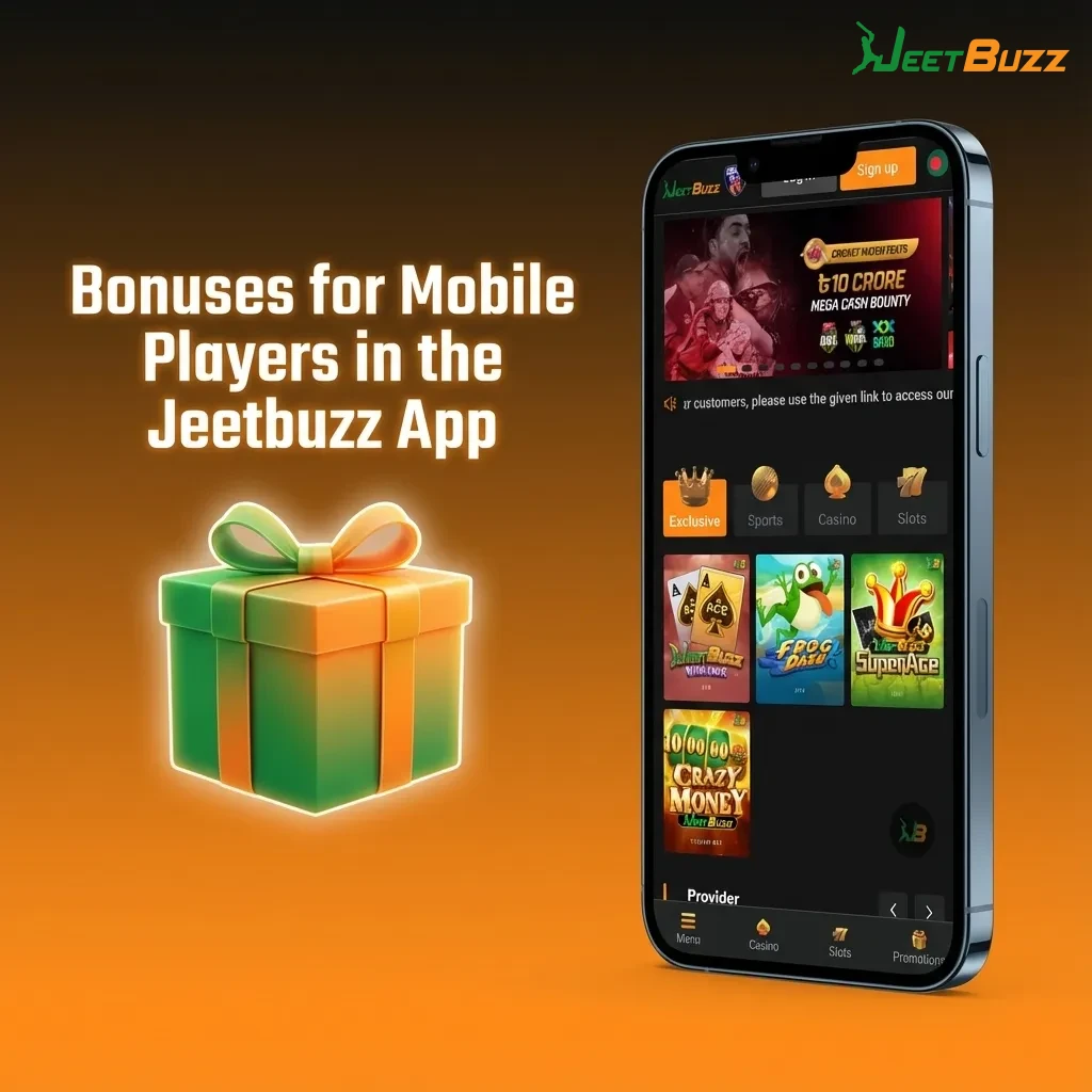 Jeetbuzz mobile app on a phone screen showing welcome bonus, deposit offers, and sports free bets for Bangladeshi users