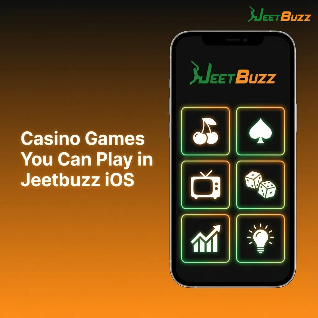iPhone screen showing Jeetbuzz iOS casino lobby with slots, live dealer tables, and table games in one account dashboard