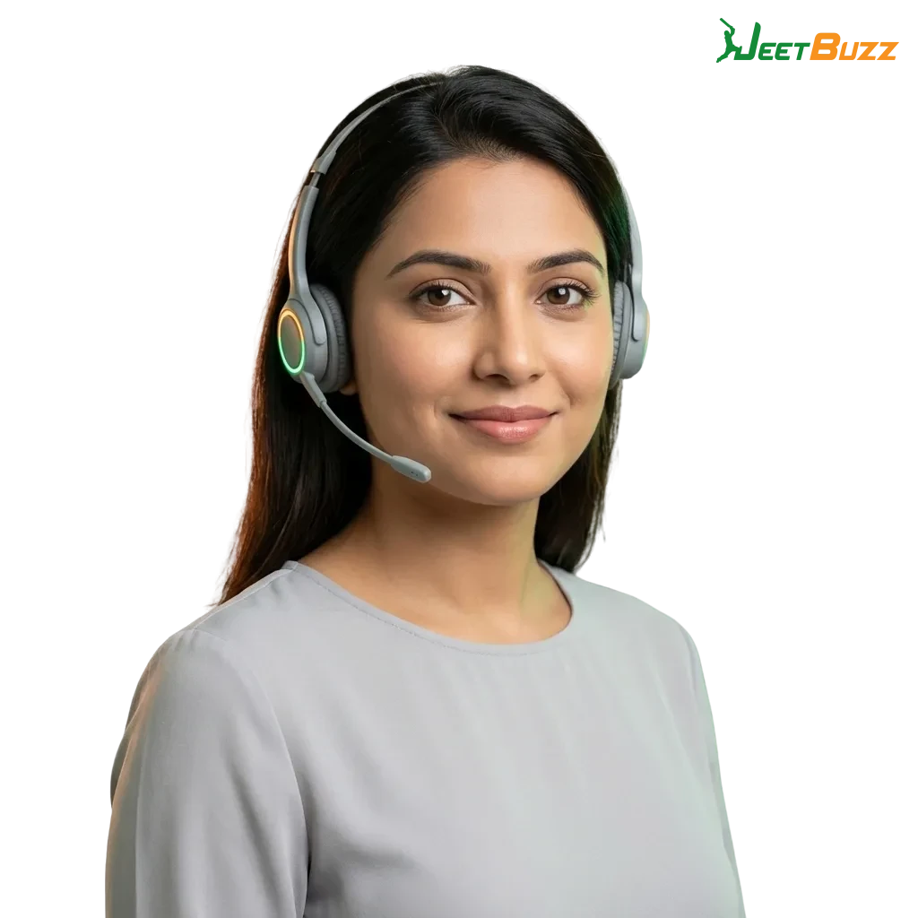 Jeetbuzz India support page showing contact options: email, live chat, phone, messengers, and social media icons.