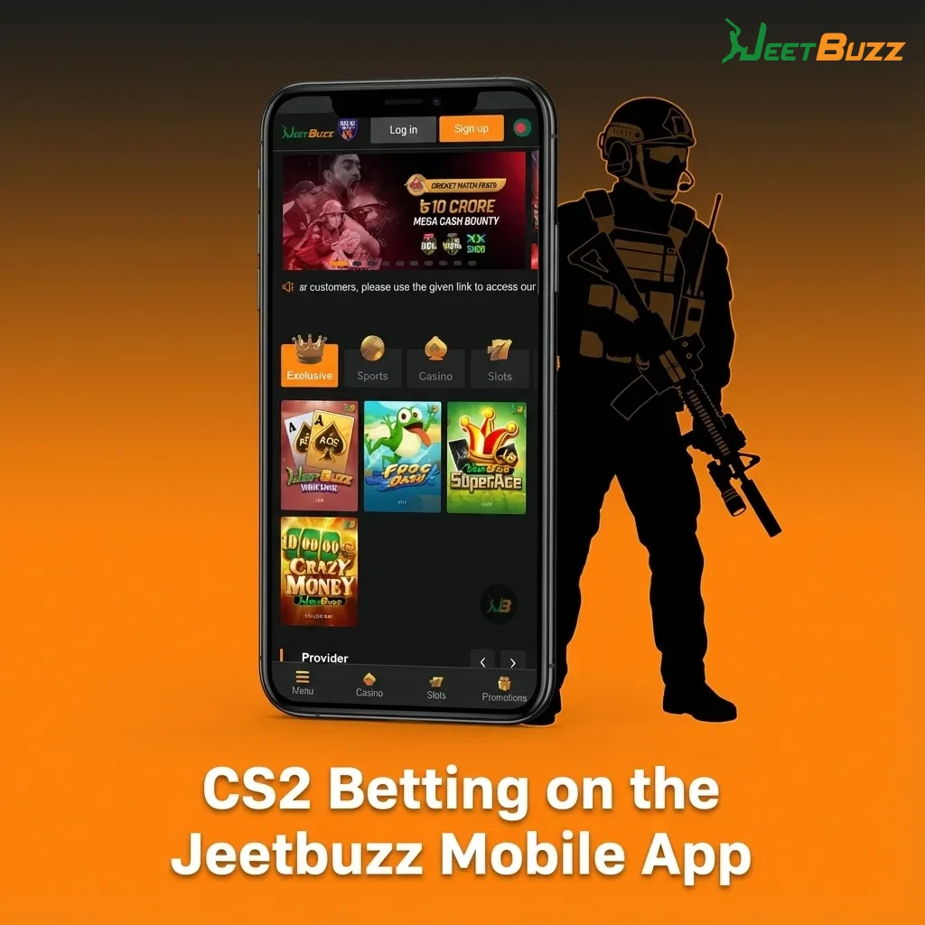 Person holding a phone showing the Jeetbuzz CS2 betting app with live match odds and bet slip options in Pakistan
