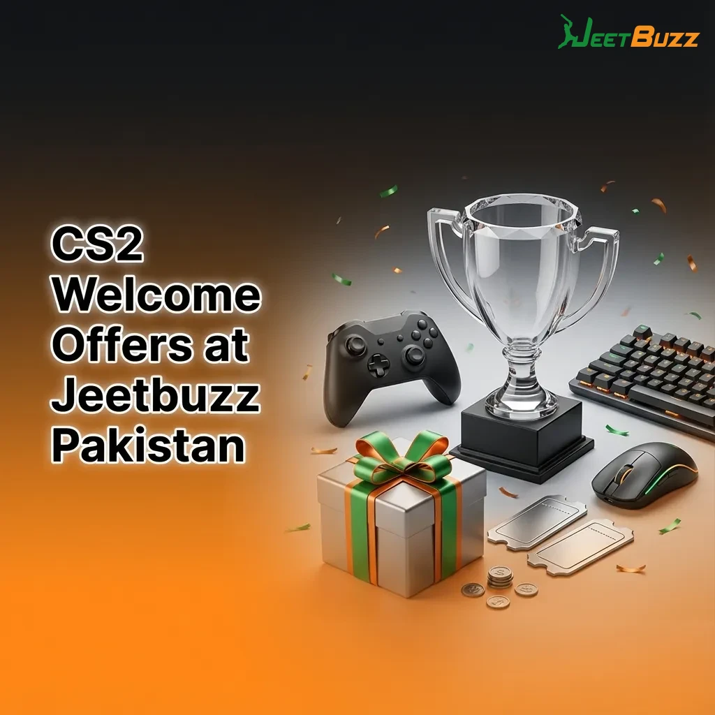 CS2 welcome offers banner for Jeetbuzz Pakistan showing free spins, cashback, and sports refund for new bettors
