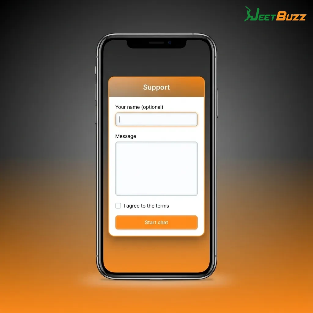 Illustration of Jeetbuzz iOS support options: live chat, email, in-app help centre, and social media for Indian users