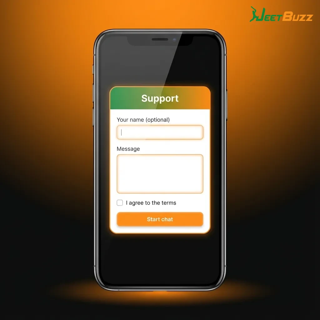 Illustration of Jeetbuzz iOS support options: live chat, email, FAQ, and social channels for Bangladesh players
