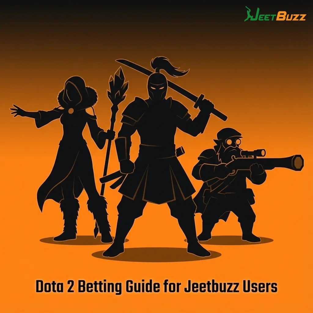 Dota 2 betting guide graphic for Jeetbuzz, showing esports match odds and popular tournament logos in the background