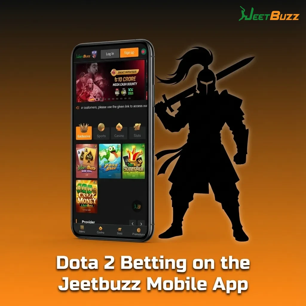Smartphone showing Jeetbuzz app Dota 2 betting screen with live match odds and bet slip options