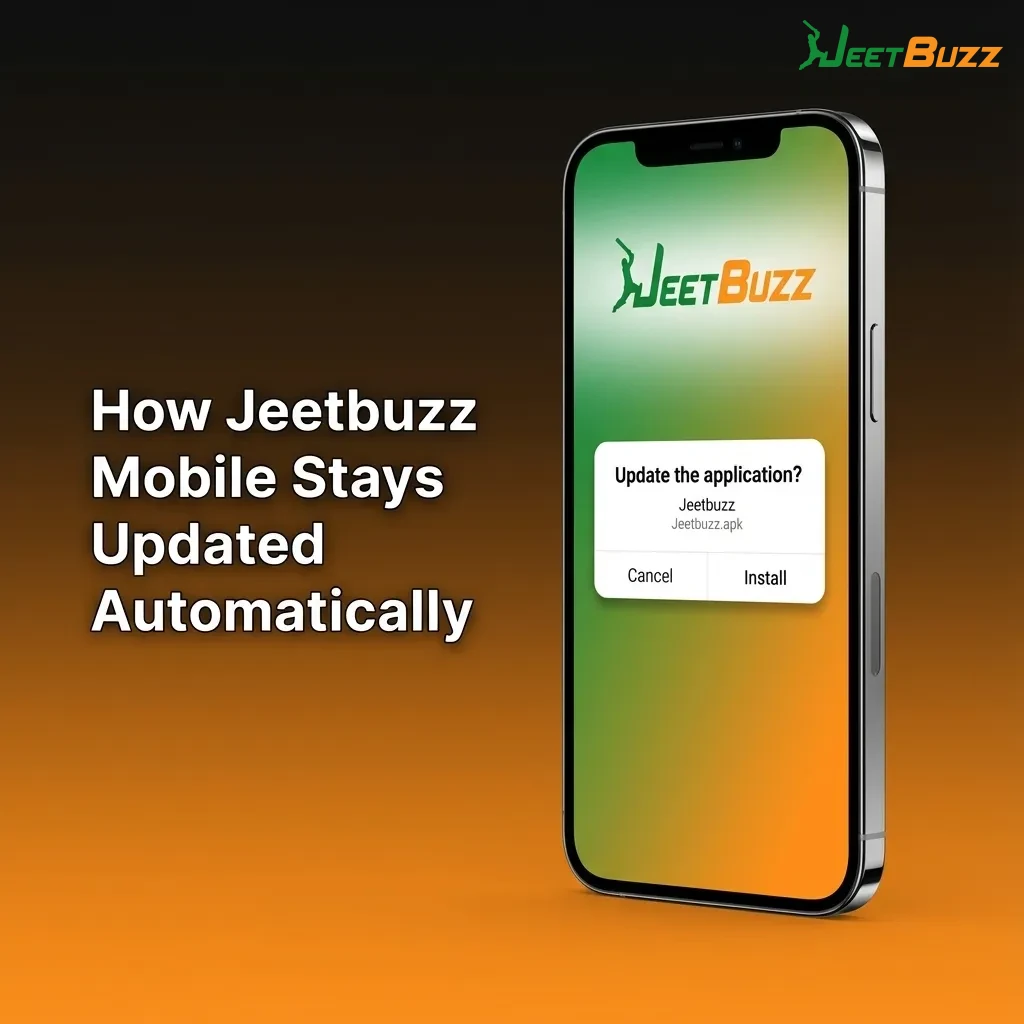 Illustration of Jeetbuzz mobile app auto-updating via live website, showing new games and features without manual downloads