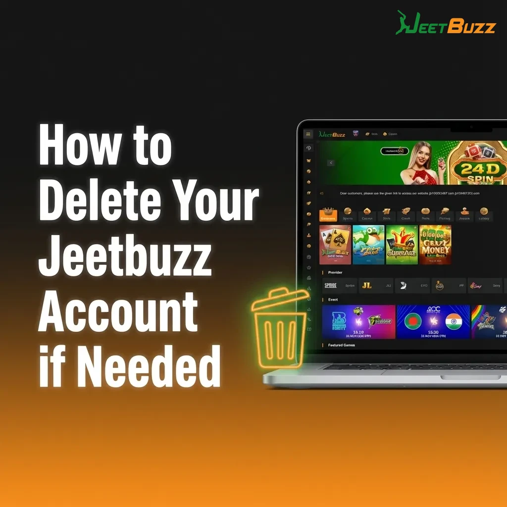 Illustrated guide showing steps to withdraw funds and contact support to permanently delete a Jeetbuzz gambling account