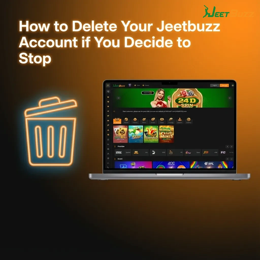Illustrated guide showing steps to withdraw funds, contact Jeetbuzz support, verify identity, and confirm account deletion