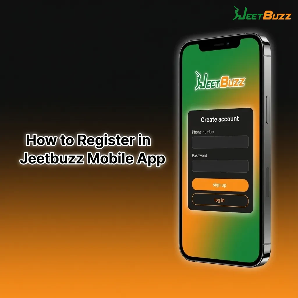 Illustrated iPhone showing Jeetbuzz iOS registration steps for Bangladeshi users, including form fields and BDT currency option
