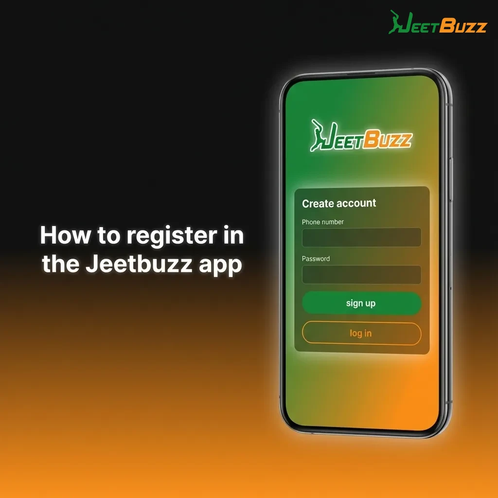 Illustrated phone screens showing Jeetbuzz app registration steps: sign up, enter details, verify, and claim welcome bonus.