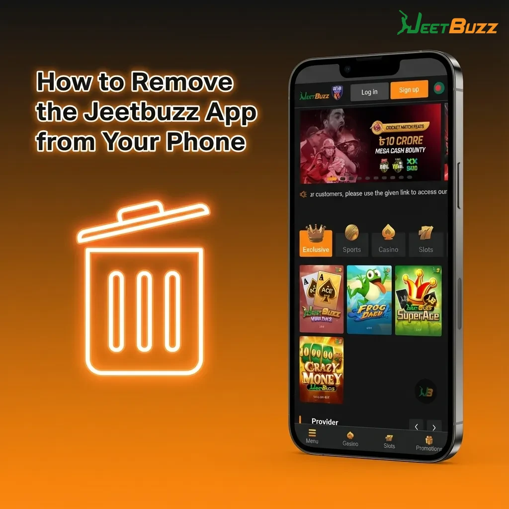 Phone screen showing Jeetbuzz app icon being long-pressed with an uninstall option highlighted on a mobile home screen