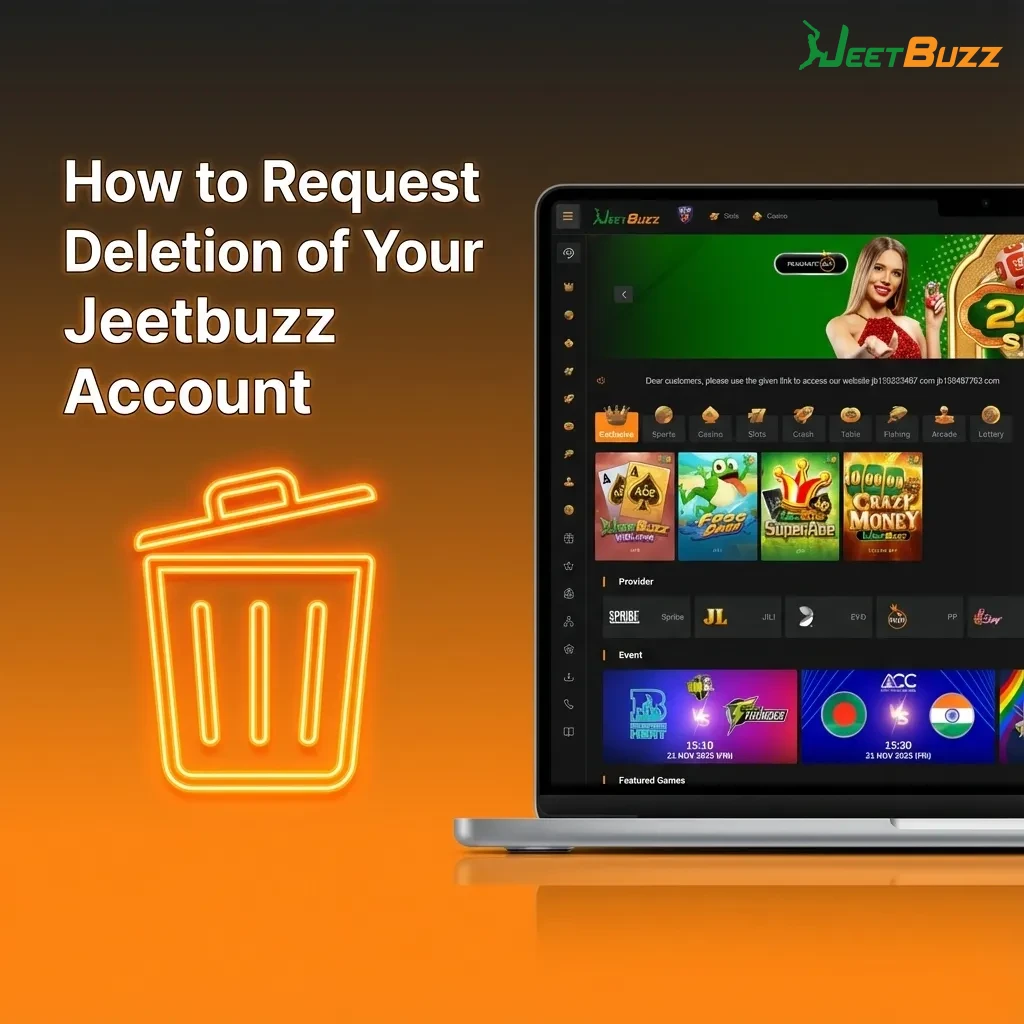 Illustrated guide showing four steps to withdraw funds, cancel bonuses, contact support, and confirm Jeetbuzz account deletion