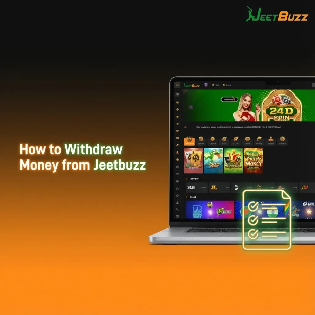 Illustrated steps on a Jeetbuzz screen showing how to withdraw winnings to a bank or digital wallet