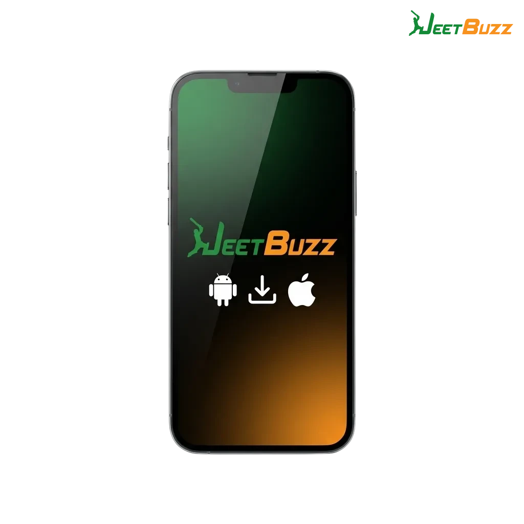 Phone screen showing Jeetbuzz betting app offers for cricket, football, casino slots, and bonuses on Android and iOS