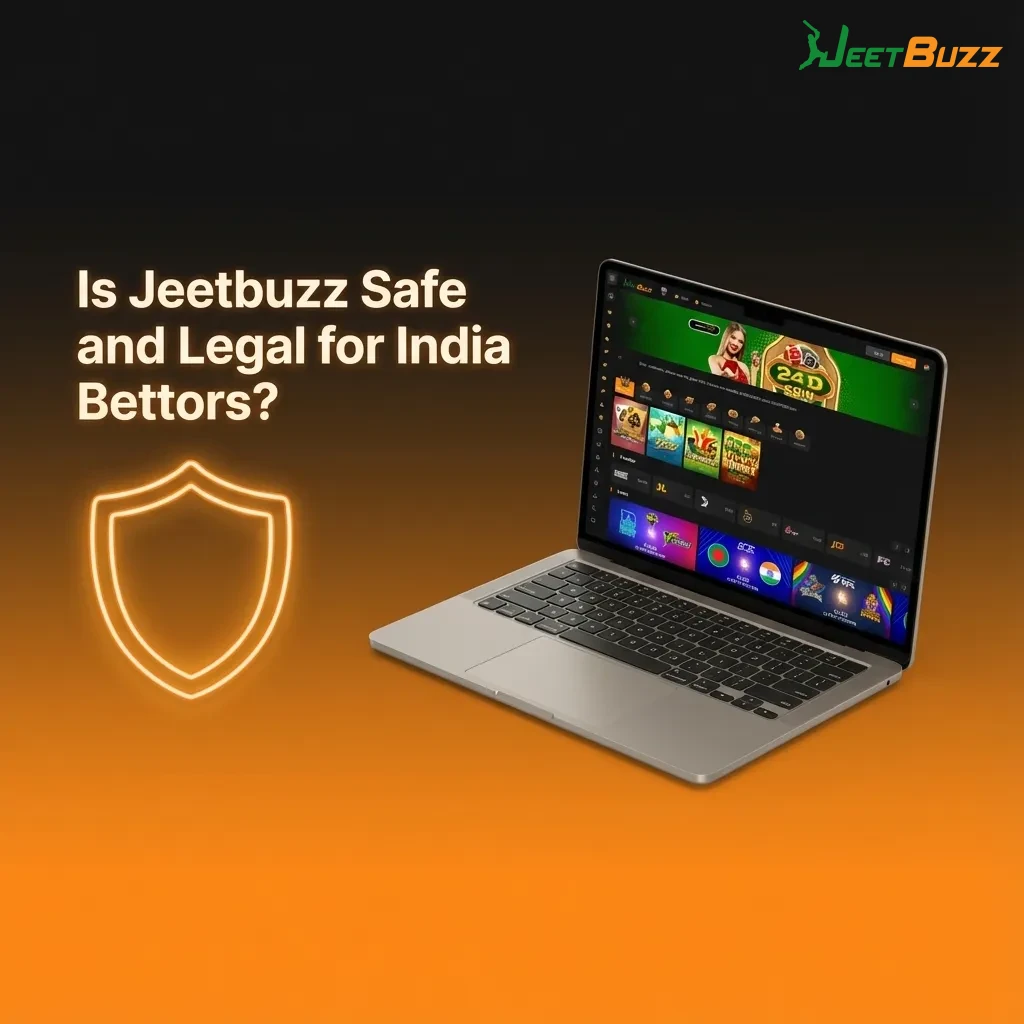 Illustration of Jeetbuzz betting site with security icons, legal scales, and India map highlighting safe, licensed offshore gambling