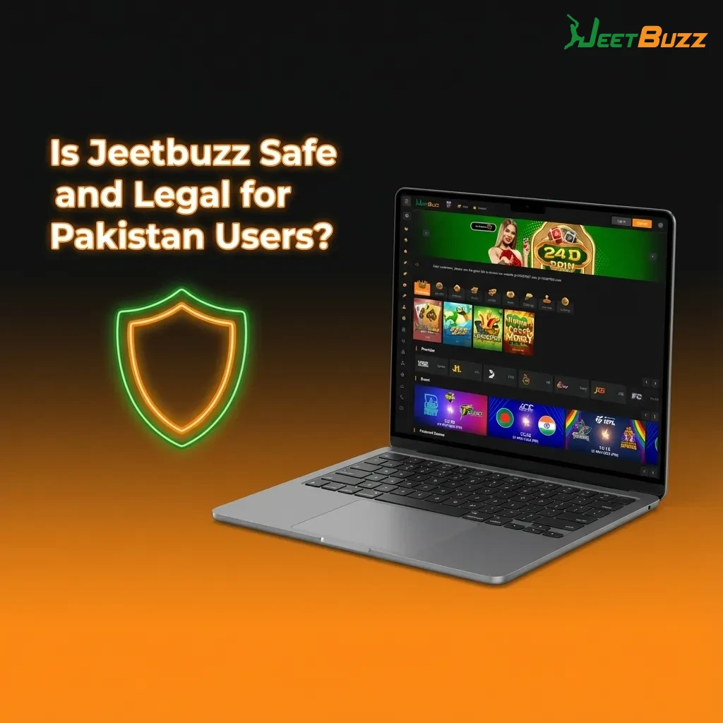Graphic asking if Jeetbuzz is safe and legal for Pakistan users, noting Curacao license, SSL security, and offshore status