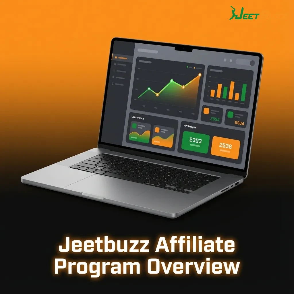 Illustrated overview of the Jeetbuzz affiliate program highlighting referral tracking, reports, and commission earnings.