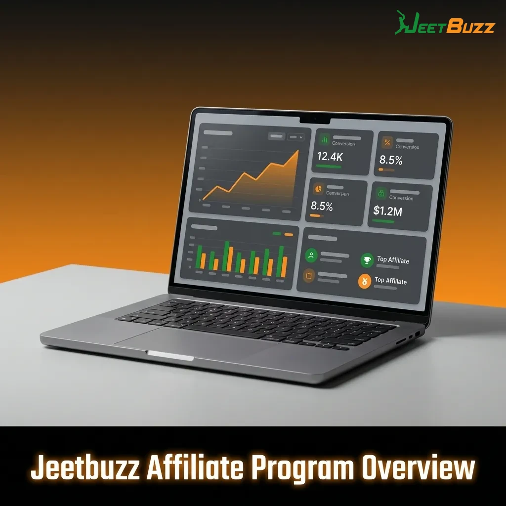 Infographic explaining the Jeetbuzz affiliate program benefits, revenue share, reporting tools, and manager support for partners.