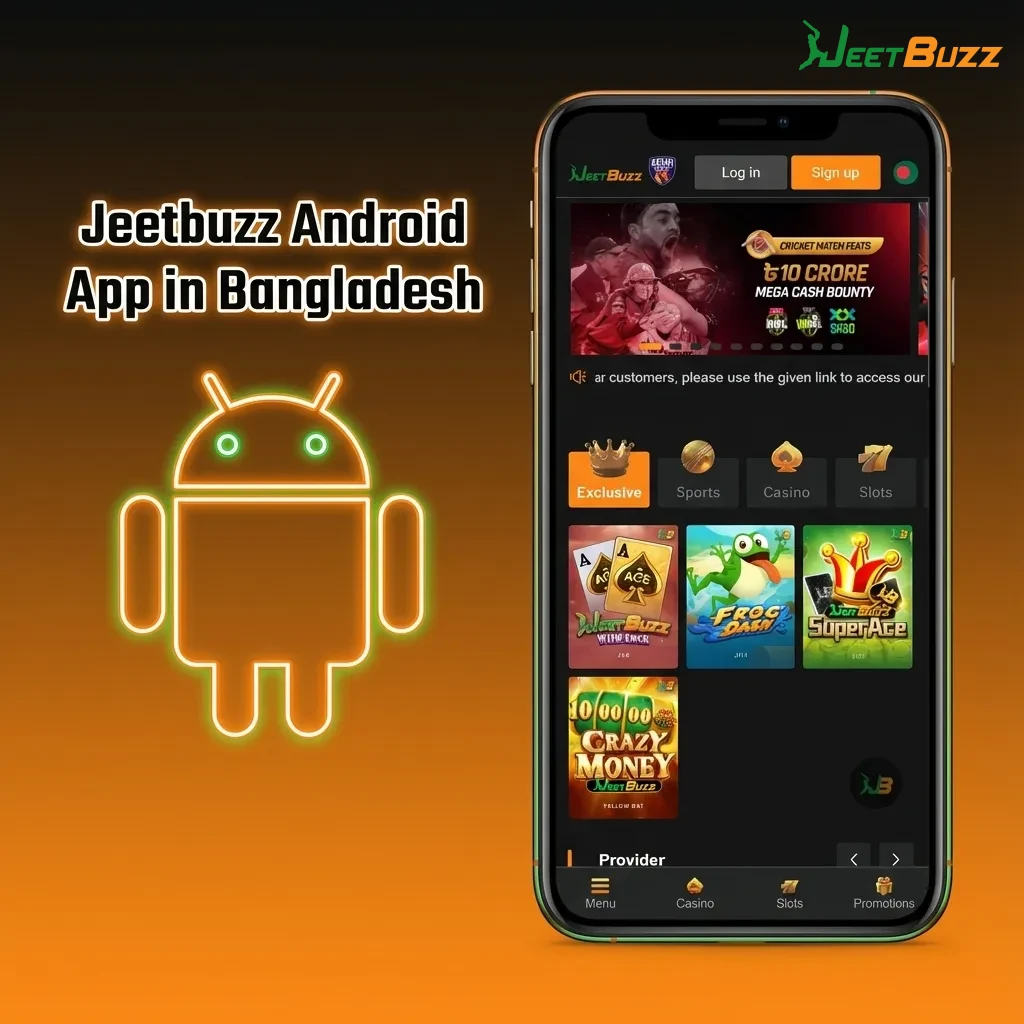 Smartphone screen in hand showing Jeetbuzz Android betting app interface, icons for sports, eSports and casino games