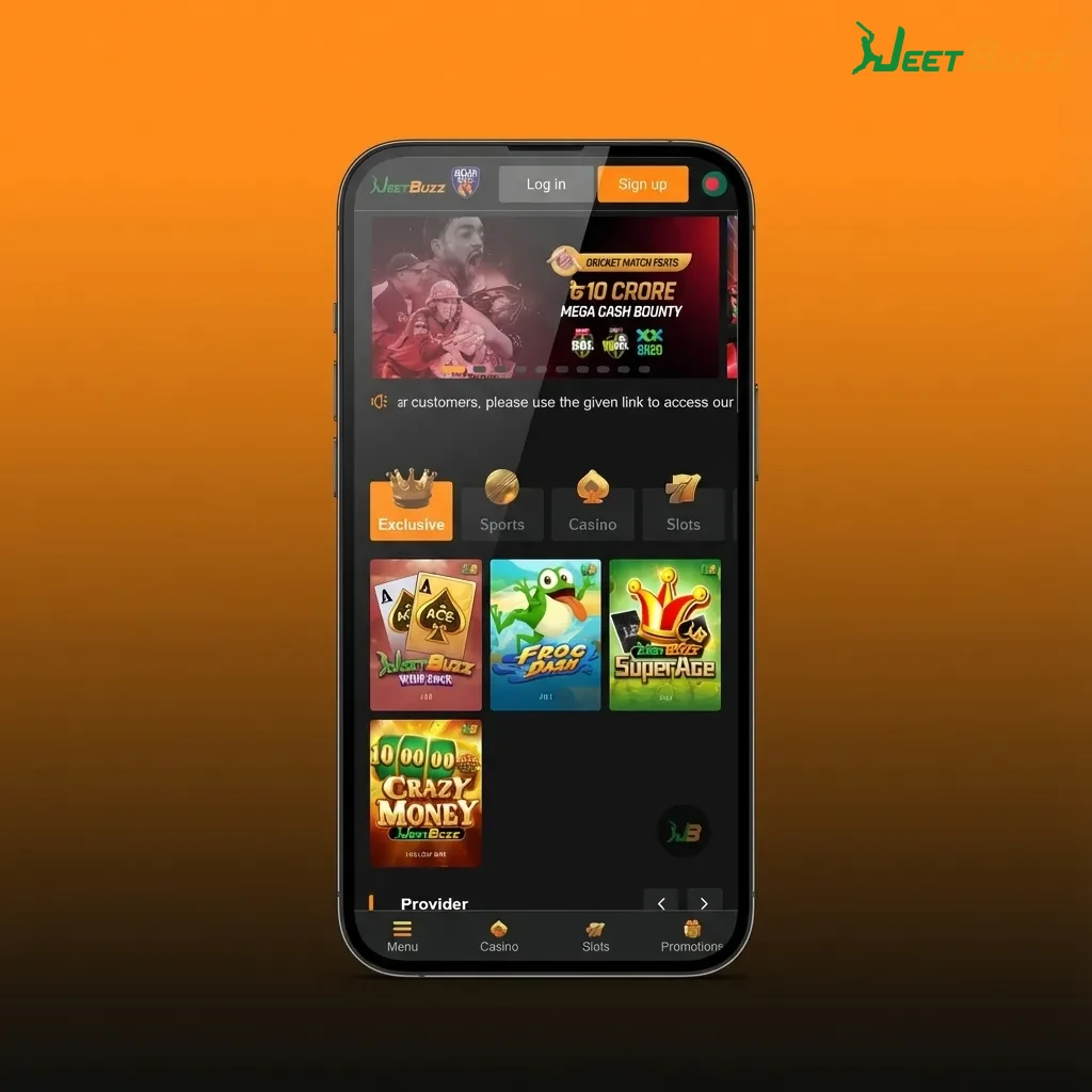 Jeetbuzz app on a Pakistani phone showing large bottom menu buttons for Sports, Live, Casino, Promotions and easy betting access