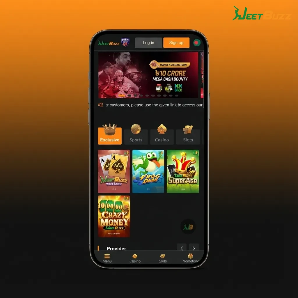 Jeetbuzz app screen showing clean one-hand interface with large odds, game tiles, and deposit buttons on Android phone