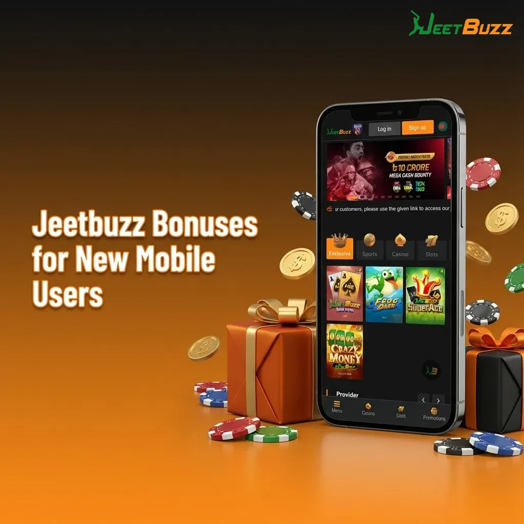 Mobile screen showing Jeetbuzz app with text promoting free spins, 25% casino cashback and 50% sports refund for new Indian users