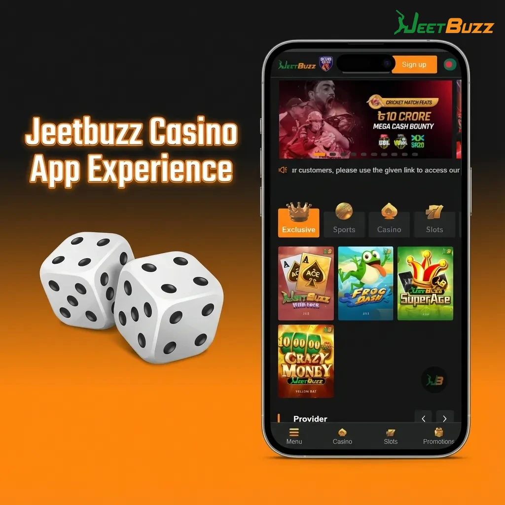 Jeetbuzz casino app home screen showing live casino lobbies, slots, tables, and promotions for real-time play