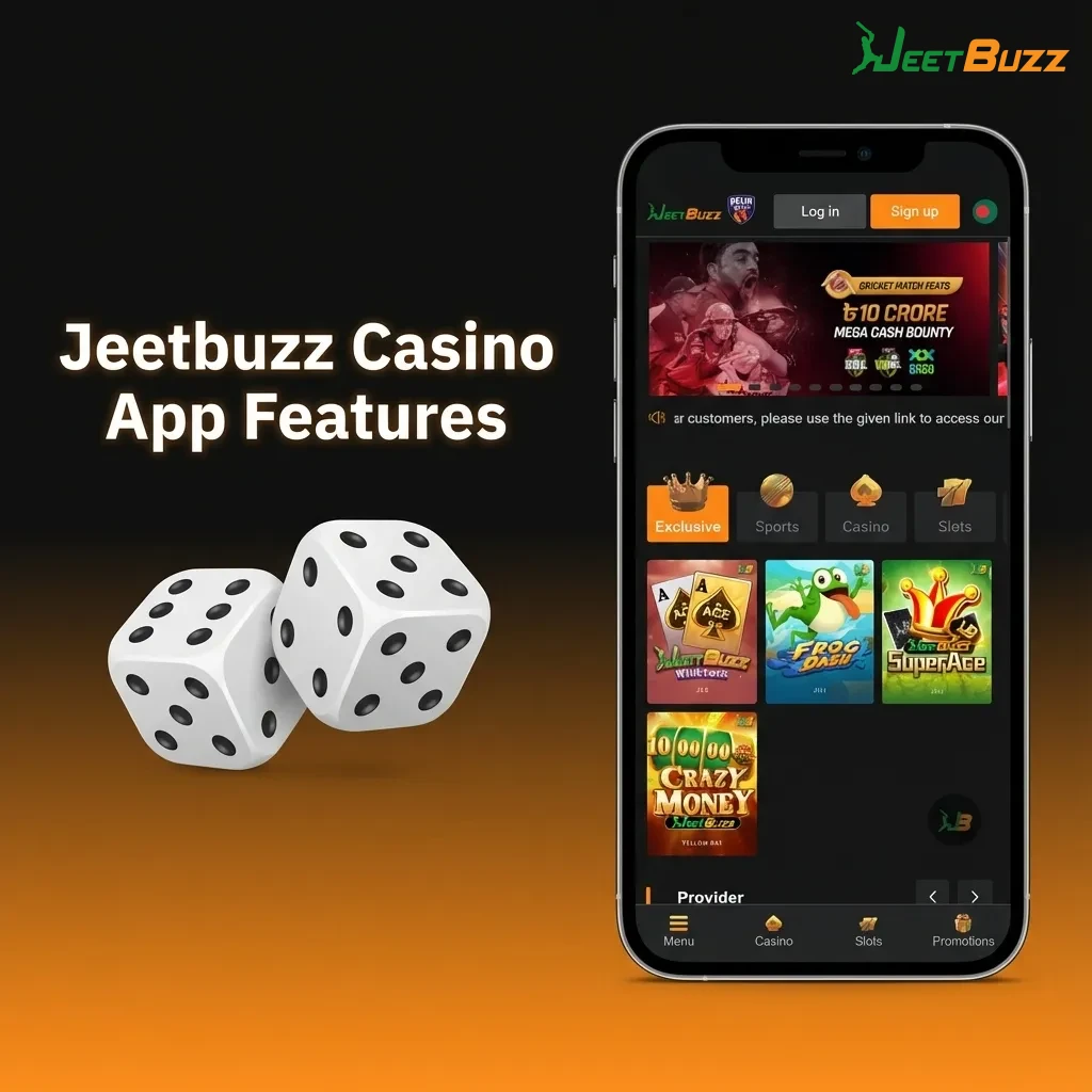 Mobile screen showing Jeetbuzz casino app with live tables, slots, real dealers, and promos from top providers.