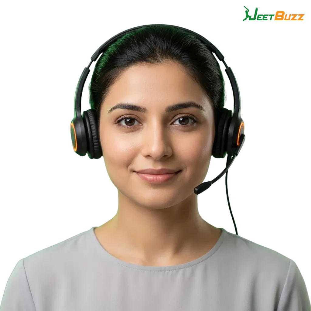 Jeetbuzz Pakistan support page showing contact options: email, live chat, phone, messengers, and social icons in English and Urdu