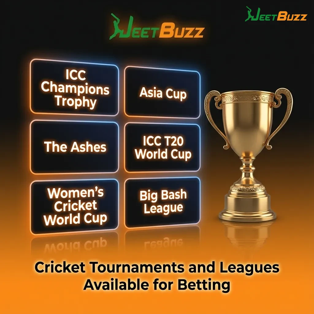 Graphic of Jeetbuzz cricket betting schedule highlighting World Cups, The Ashes, IPL, BPL and Bangladesh matches