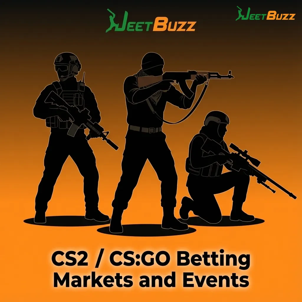 Digital banner showing CS2 esports match with odds panels and logos of major tournaments like ESL, BLAST, IEM, and PGL