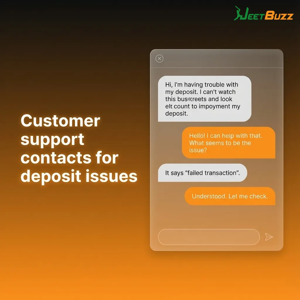 Infographic listing customer support options for deposit issues: live chat, email, WhatsApp/Telegram, help centre tickets.