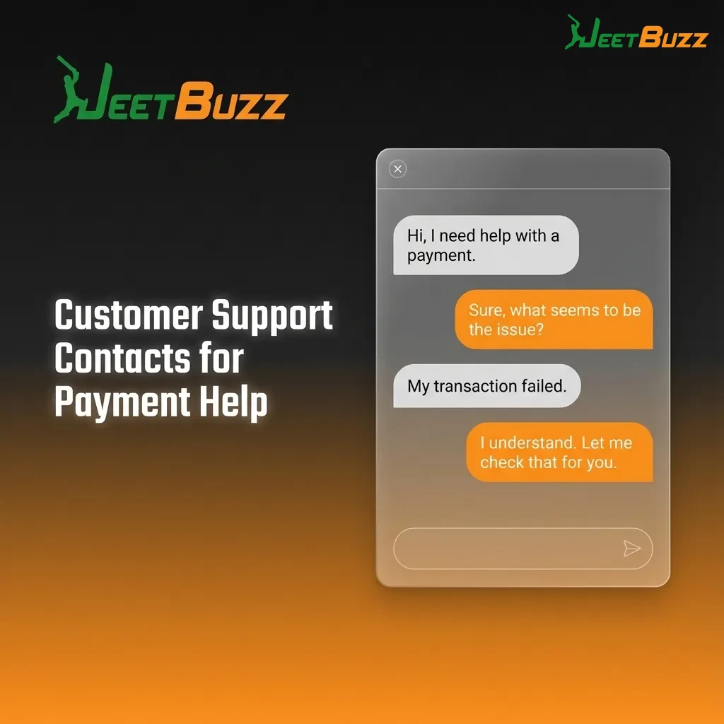 Graphic listing JeetBuzz payment support options: live chat, email, phone, and messaging apps like WhatsApp and Telegram.