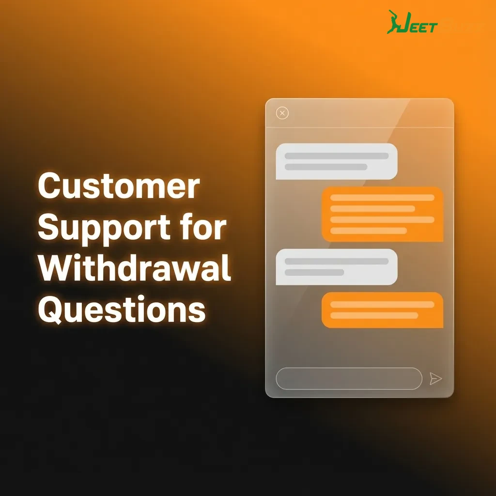 Customer chatting with Jeetbuzz support on a laptop and phone about withdrawal help and limits, with 24/7 assistance icons visible