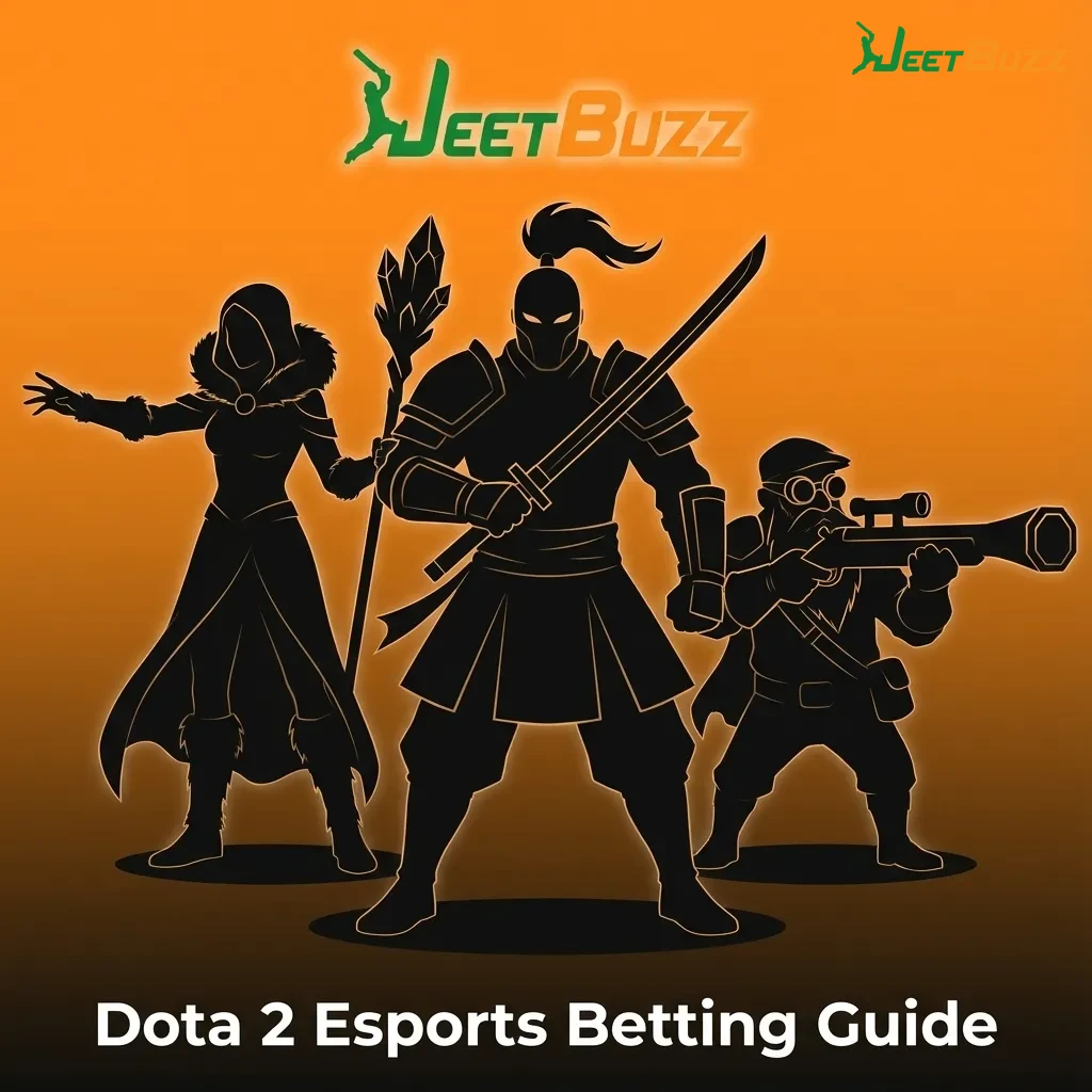 Dota 2 esports betting guide banner showing heroes, tournament logos, and Jeetbuzz odds and markets on a digital screen