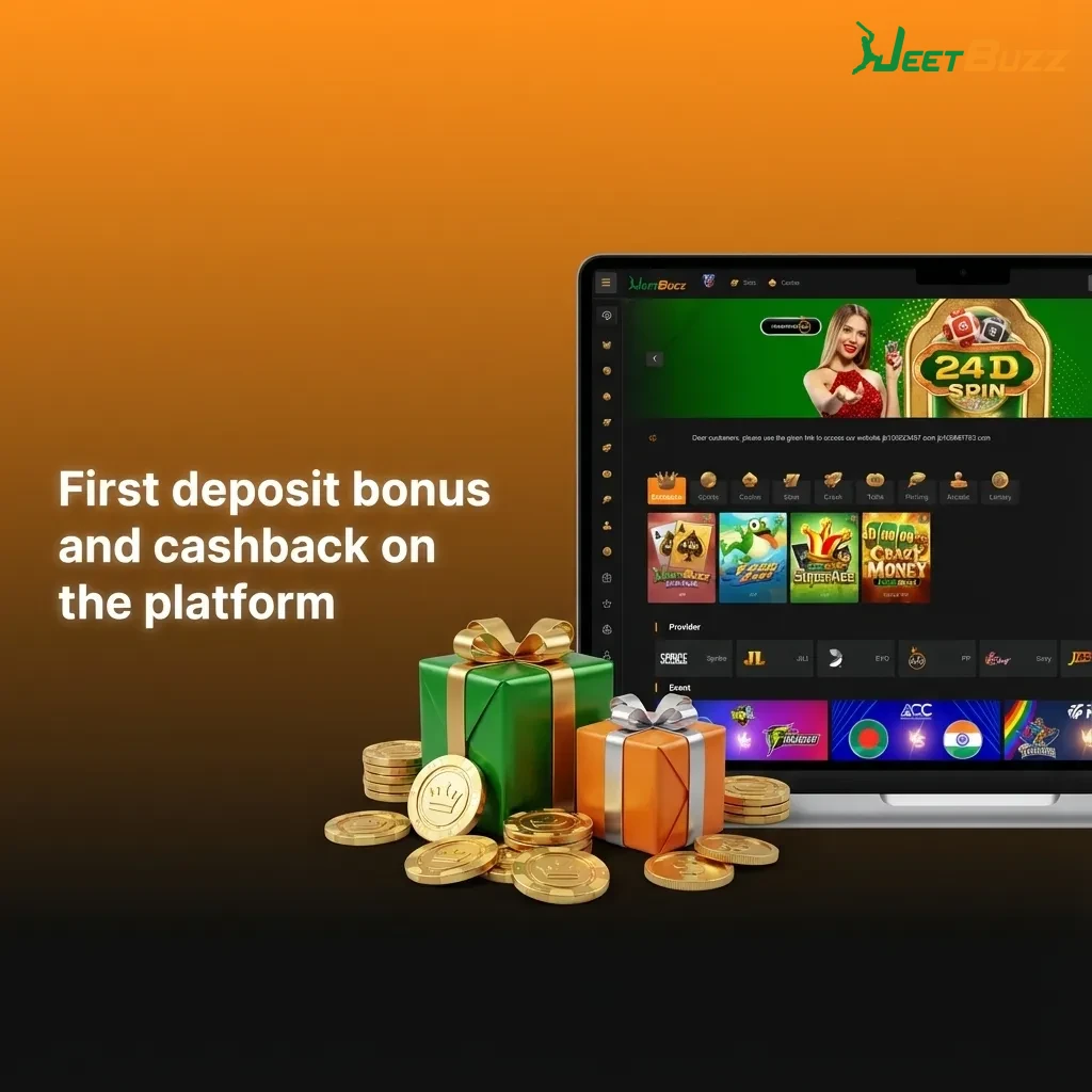 Promotional banner showing first deposit bonus with free spins, 25% live casino cashback, and 50% sports betting refund