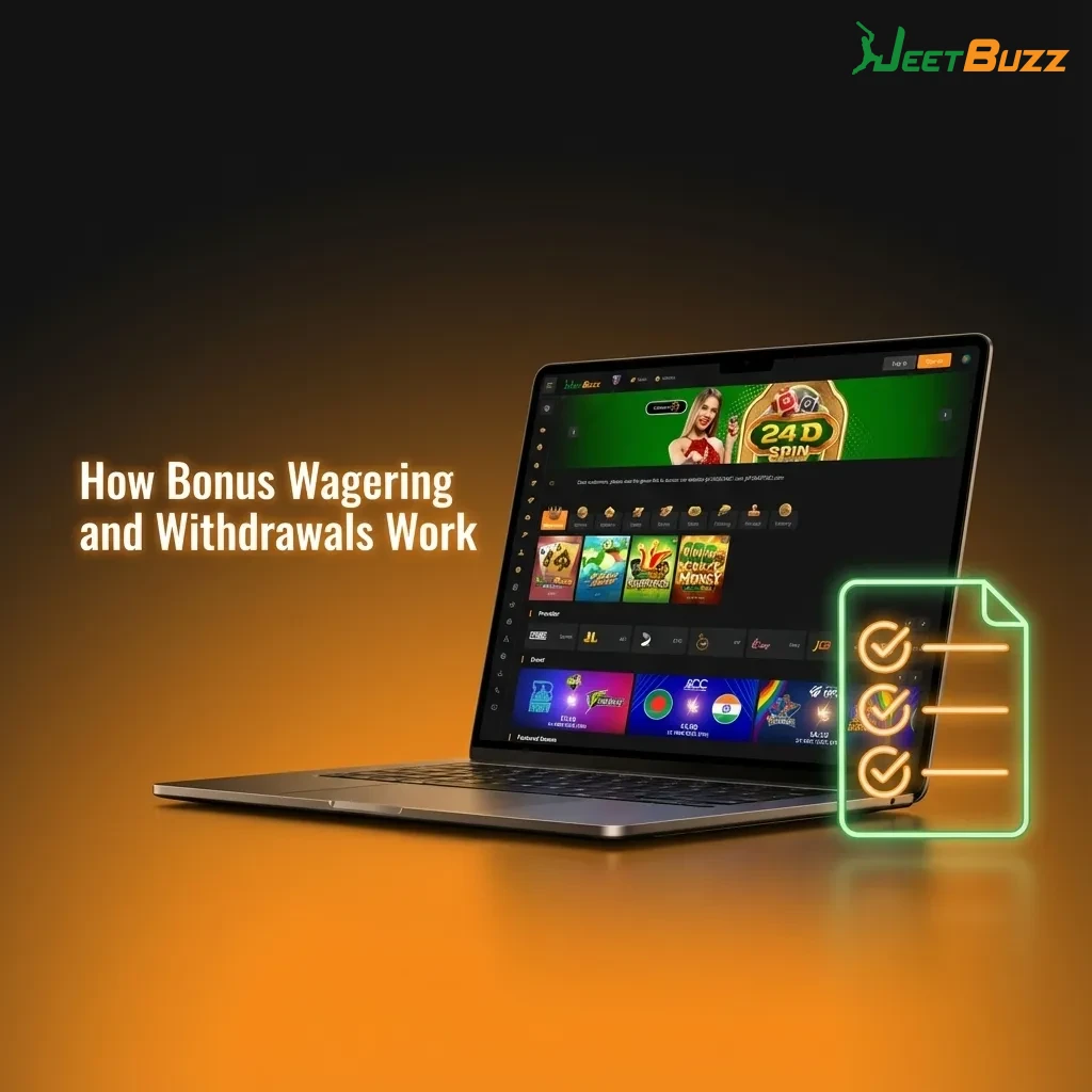 Infographic explaining Jeetbuzz bonus account, wagering requirements, limits, eligible games, and how bonus converts to withdrawable cash