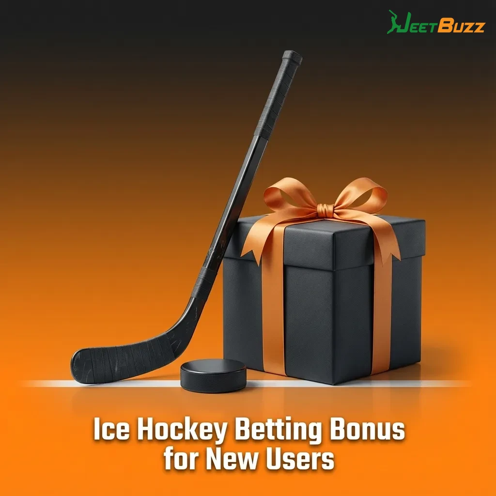 Banner promoting Jeetbuzz ice hockey betting welcome bonus for new users with a puck and highlighted bonus offer text