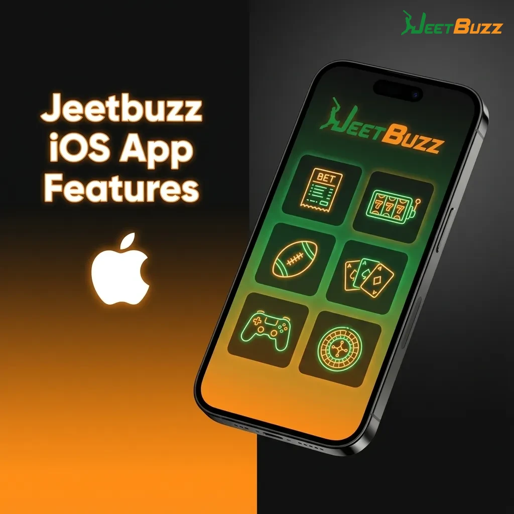 Graphic listing Jeetbuzz iOS app features: works on iPhone/iPad, low specs, full betting features, fast on older devices