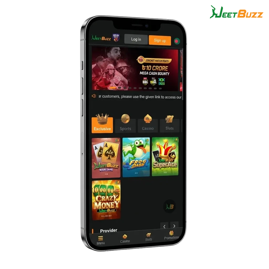 Jeetbuzz iOS app promo showing betting and casino offers for Bangladesh players using iPhone and iPad
