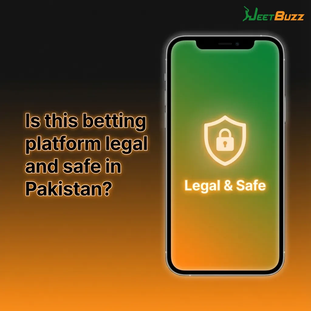 Illustration asking if an online betting platform is legal and safe in Pakistan, with licence, security, and responsible gaming icons
