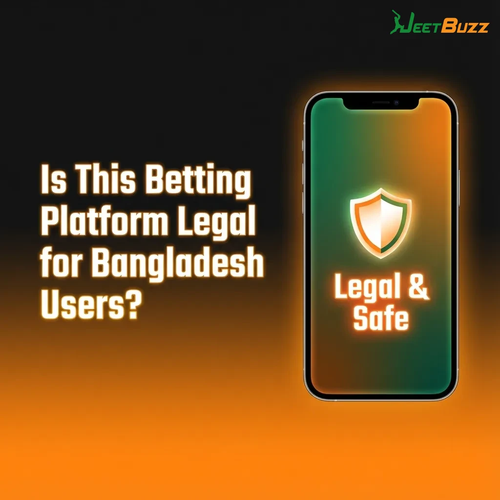 Graphic asking if a betting platform is legal in Bangladesh, with icons for security, licenses and responsible gambling tools