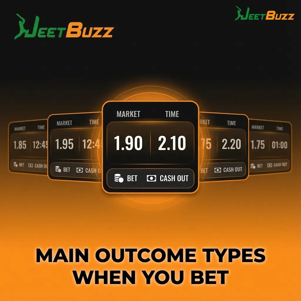 Infographic titled “Main Outcome Types When You Bet” showing 1X2, Over/Under, handicap, BTTS, and specials icons.