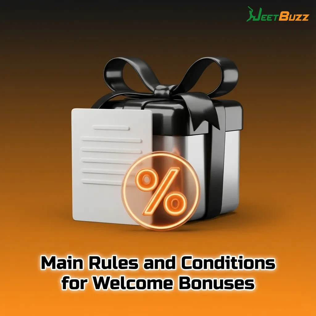 Infographic titled “Main Rules and Conditions for Welcome Bonuses” listing key Jeetbuzz bonus and wagering requirements.