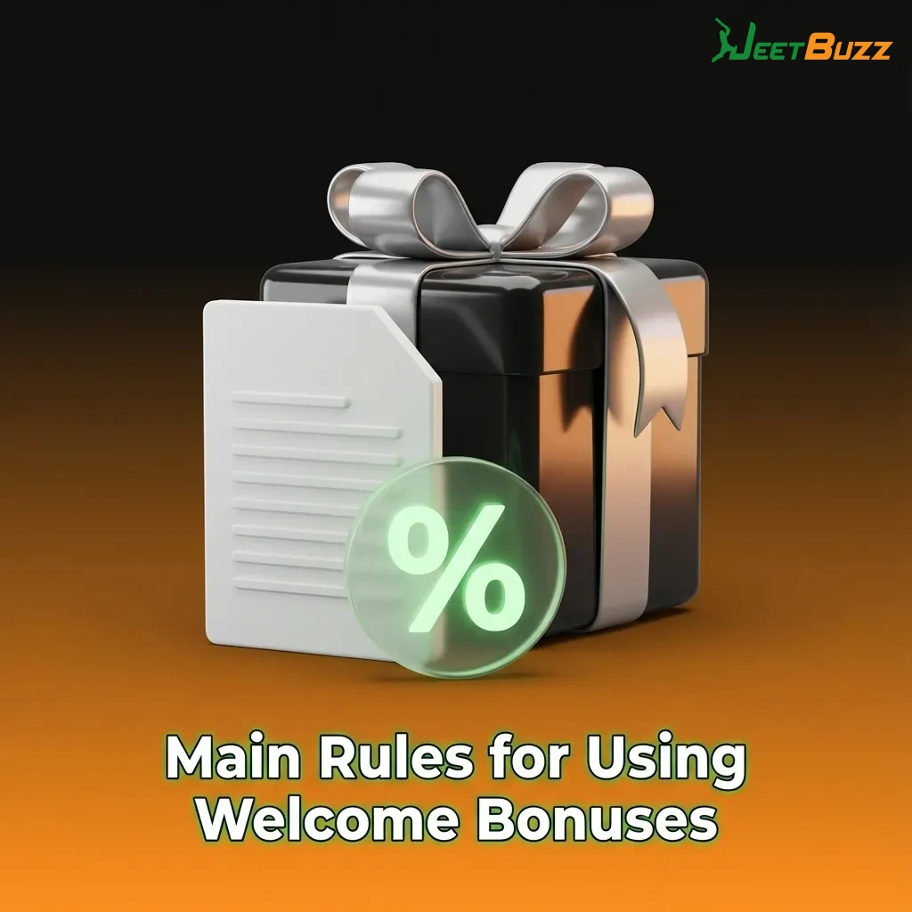 Infographic listing Jeetbuzz welcome bonus rules: one bonus, minimum deposit, wagering, game limits, time, strategy, verification