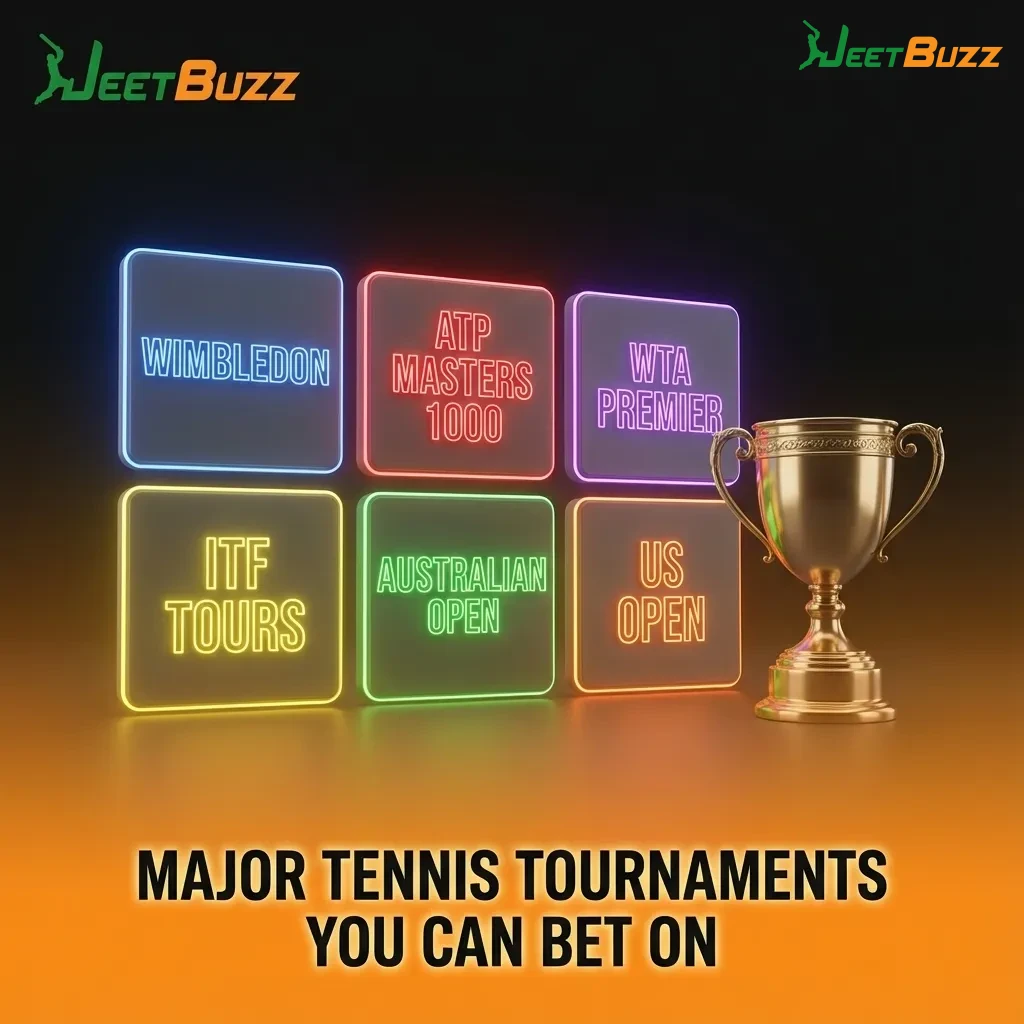 Graphic showing major tennis tournaments for betting, including Grand Slams, ATP, WTA, Finals, team cups, and Olympics